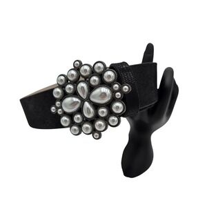 White House Black Market Women's XS Black Pearl Embellished Buckle Dressy Belt